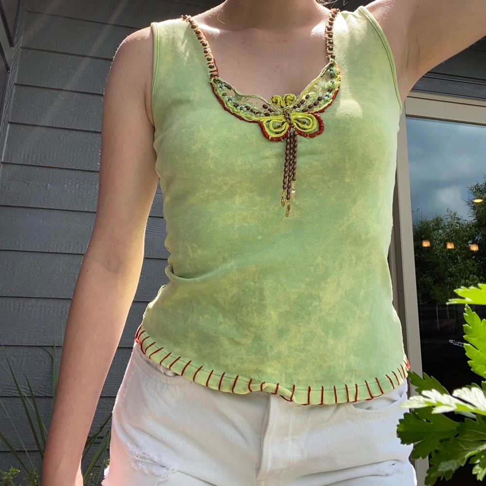 Y2K Beautiful Green Beaded Butterfly Tank